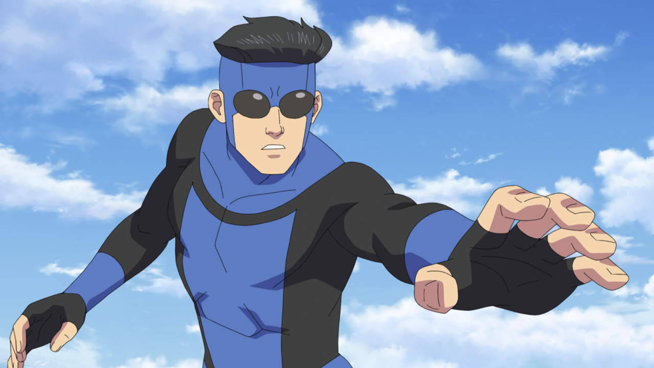Animated superhero in a blue and black suit poses with an outstretched hand against a cloudy sky background.