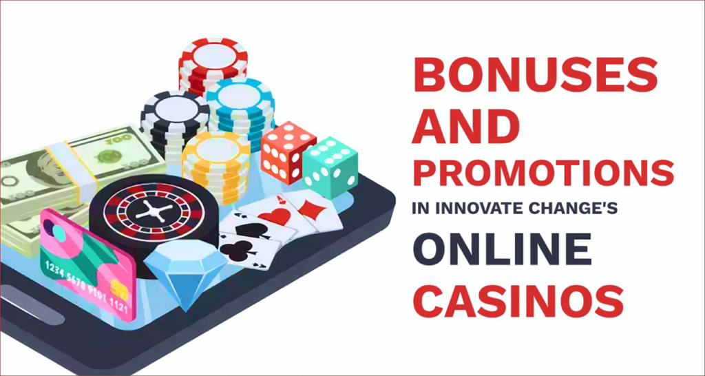 Image of a smartphone displaying casino items like chips, dice, cards, and cash. Text reads "Bonuses and Promotions in Innovate Change's Online Casinos.