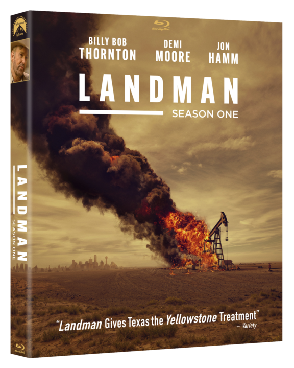 DVD cover for "Landman Season One" featuring a burning oil rig in a field, with cast names listed at the top.