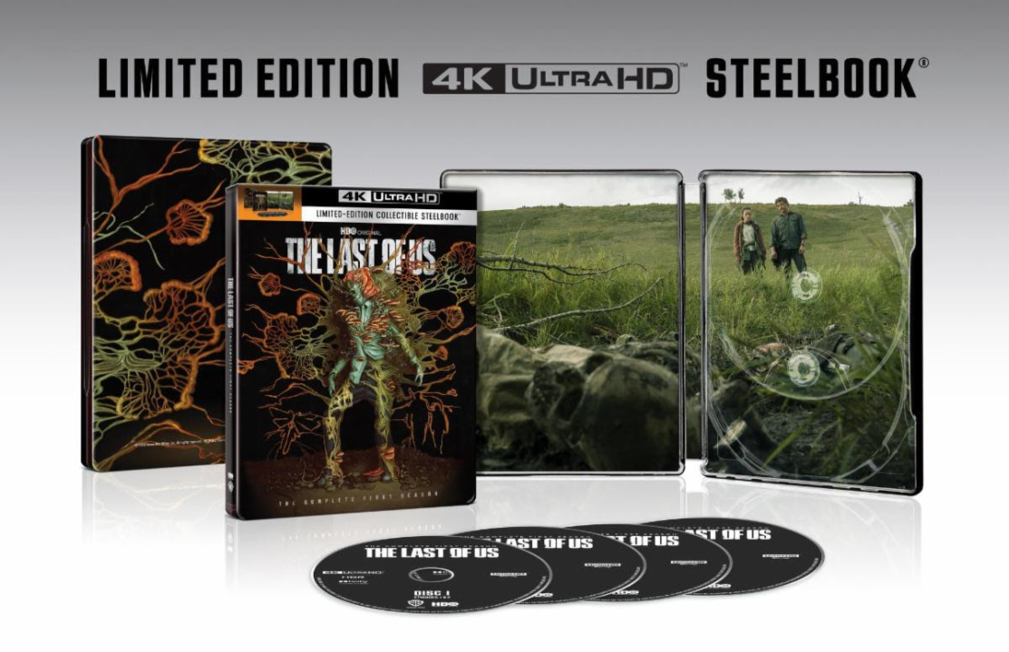 A limited edition 4K Ultra HD steelbook set for "The Last of Us," featuring an open case with artwork, a closed steelbook, and four discs.