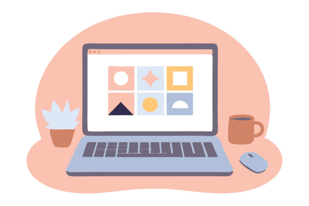 Illustration of a laptop displaying geometric shapes, next to a potted plant, a mug, and a mouse on a peach-colored background.