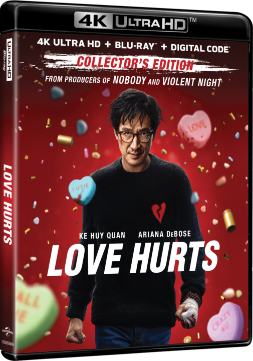 Cover of "Love Hurts" Collector's Edition 4K Ultra HD Blu-ray. Features a person in glasses and a black sweater with a red heart, surrounded by colorful candy hearts.