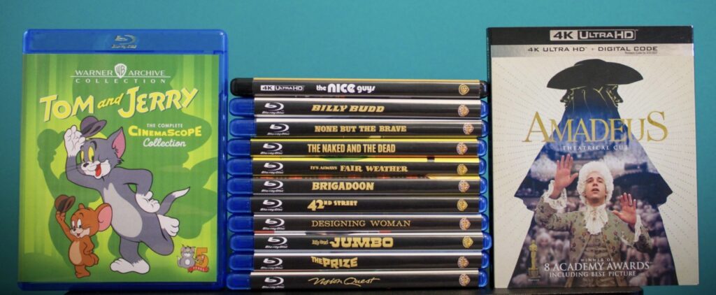 Blu-rays of "Tom and Jerry," "The Nice Guys," "Billy Budd," "Ride the High Country," "The Naked and the Dead," "Heaven Can Wait," "Brigadoon," "41st Street," "Designing Woman," "Jumbo," "The Prize," and "Amadeus.