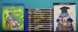 Blu-rays of "Tom and Jerry," "The Nice Guys," "Billy Budd," "Ride the High Country," "The Naked and the Dead," "Heaven Can Wait," "Brigadoon," "41st Street," "Designing Woman," "Jumbo," "The Prize," and "Amadeus.