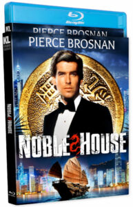 Blu-ray cover of "Noble House" featuring a man in a tuxedo against a backdrop of Hong Kong's skyline and a traditional sailing ship.