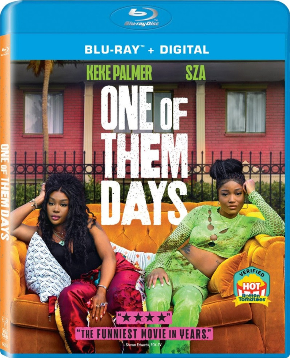 Blu-ray cover for "One of Them Days" featuring two women sitting on an orange couch outside. Blu-ray and digital formats noted at the top.
