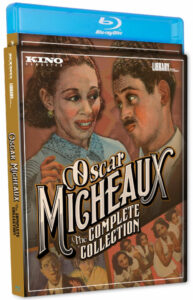 Blu-ray cover of "Oscar Micheaux: The Complete Collection" featuring illustrations of a woman and man, and smaller scenes below them.