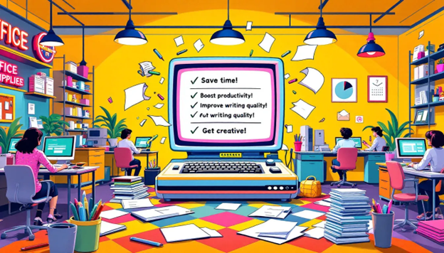 A colorful office with three people at desks. A large screen displays a checklist: "Save time, Boost productivity, Improve writing quality, Aid writing quality, Get creative!.
