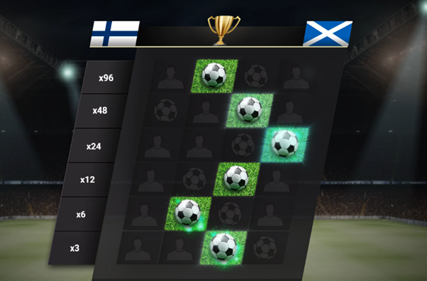 A virtual scoreboard displays two flags, a trophy icon, and a grid with soccer balls and blank spaces. Green highlights surround some soccer balls, indicating selected positions.