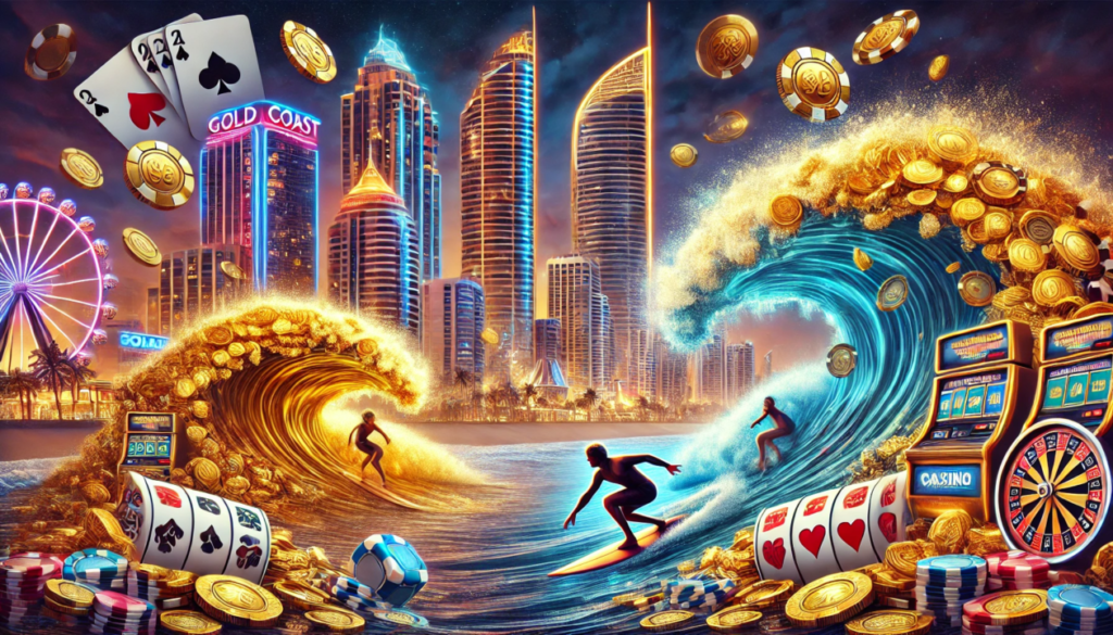 Surfers ride golden coin waves near a futuristic cityscape with skyscrapers and casinos, surrounded by playing cards, poker chips, and a Ferris wheel.