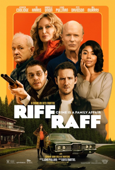 Movie poster for "Riff Raff" featuring a group of people above a vintage car, set against an orange background, with the tagline "Crime is a Family Affair.