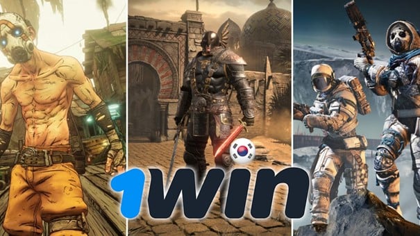 Collage of four video game characters: a shirtless masked figure, a medieval knight, astronauts in snowy terrain. The logo "1win" with a small South Korean flag is overlaid.