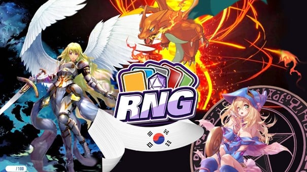 Illustration featuring an armored angel, a dragon breathing fire, and a magician with a magical circle, surrounding a colorful logo with "RNG" and playing cards.