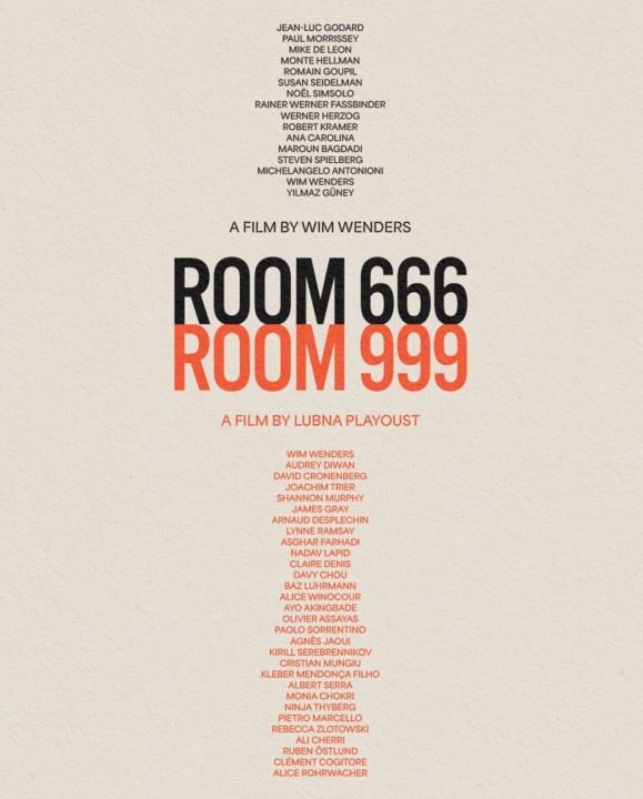 Text-based movie poster with a list of names at the top. Title reads "Room 666 Room 999." Directors Wim Wenders and Lubna Playoust are mentioned.