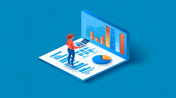 Illustration of a person standing on a large 3D chart. The scene includes a laptop displaying bar and pie charts, representing data analysis or business analytics.