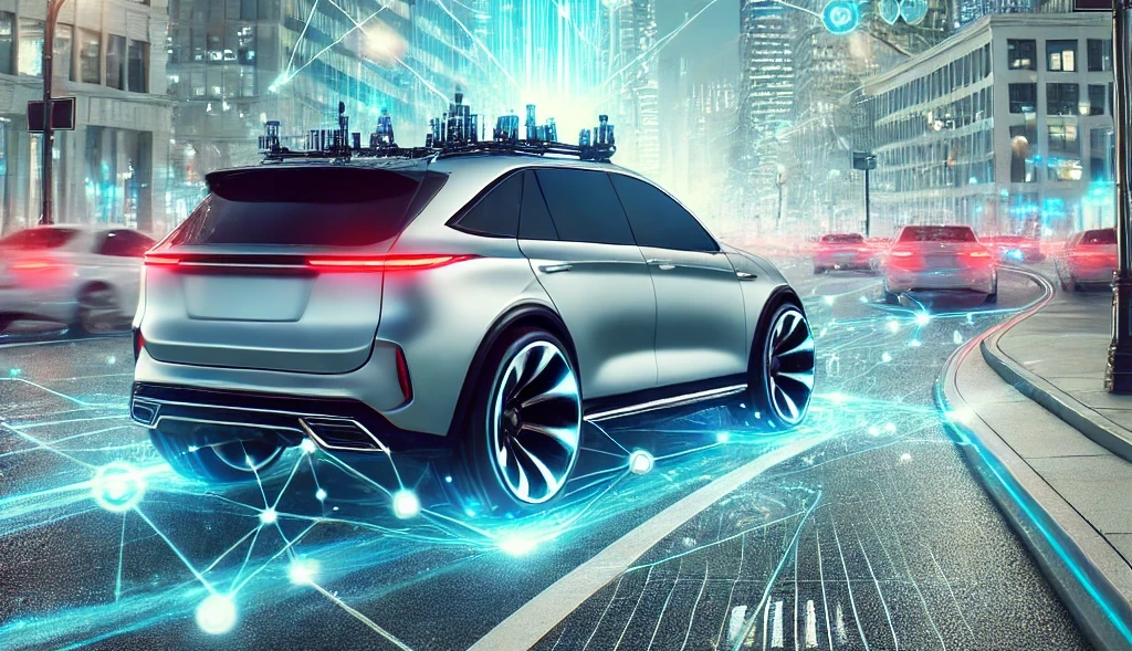 Futuristic car with digital elements and cityscape background, featuring glowing lines and a high-tech design.