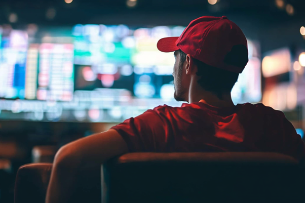 Person in a red cap sitting and watching multiple screens displaying various information in a dimly lit room.