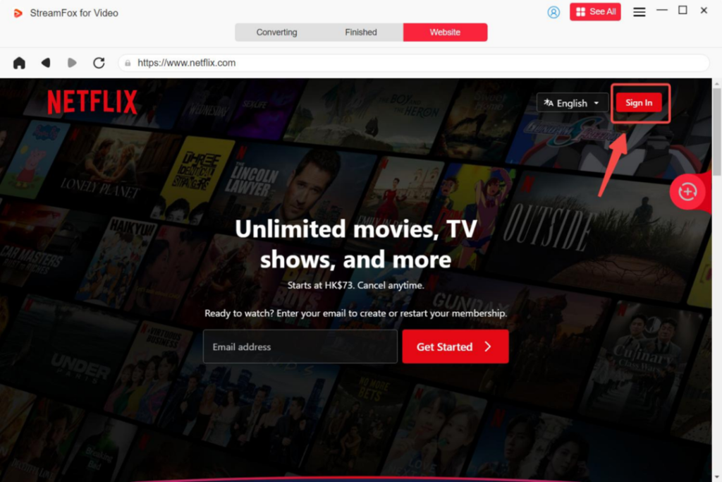 Screenshot of Netflix homepage showing "Unlimited movies, TV shows, and more" with options to sign in, select English, and start membership. Various movie and TV show thumbnails are in the background.