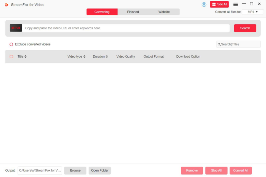 Screenshot of a video conversion software interface showing options for video URL input, video type, duration, and output format. Buttons include Search, Browse, Remove, and Stop All.