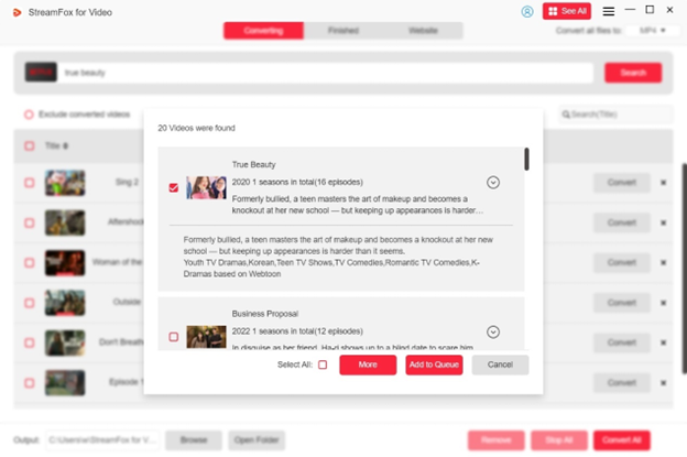 Streaming interface showing a video search for "True Beauty." Two video options with descriptions are displayed, alongside select buttons and queue options.
