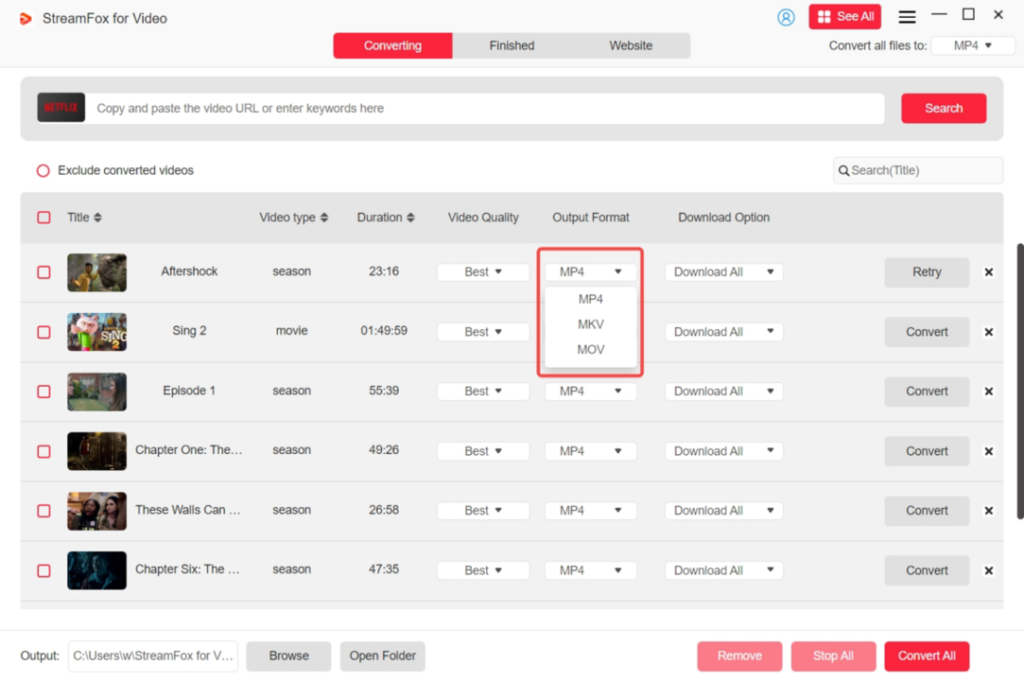 Screenshot of a video converter software interface showing a list of videos, their types, durations, quality, output formats, and download options with checkboxes and action buttons.