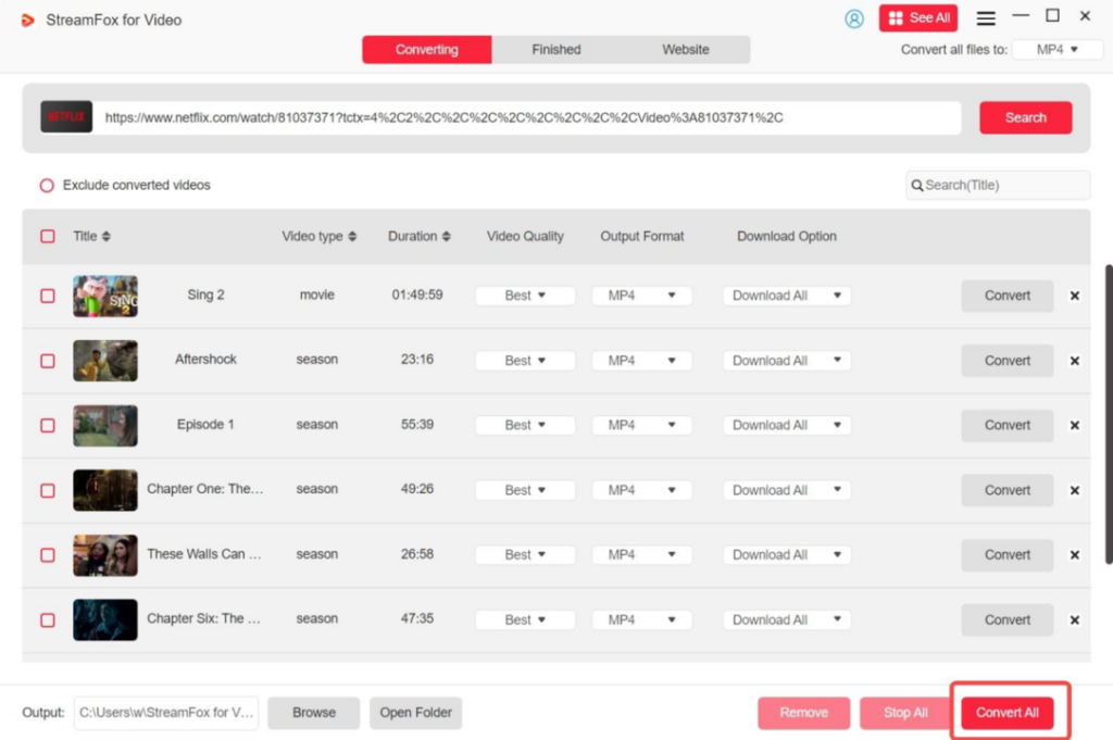 Screenshot of video conversion software displaying a list of videos with options for type, duration, quality, and output format. Conversion and download buttons are visible for each item.