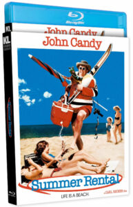 Blu-ray cover of "Summer Rental" featuring a man in beachwear holding a surfboard and cooler, with others relaxing on the sand.