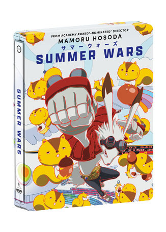 Cover of "Summer Wars" featuring a dynamic character with a clenched fist surrounded by digital creatures against a white background with colorful graphics.