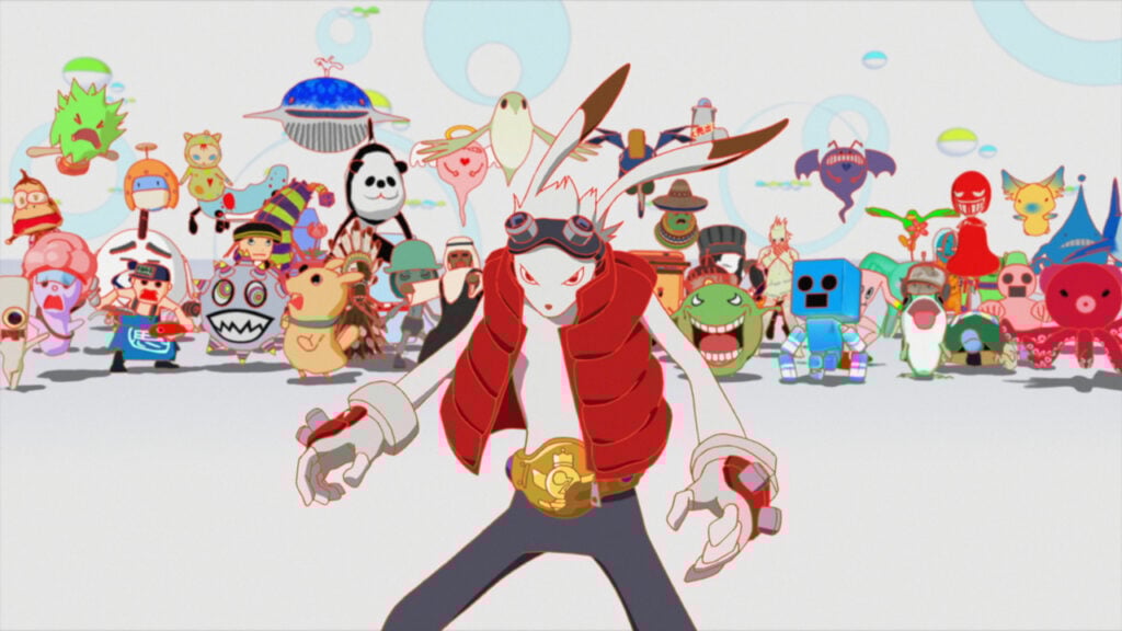 A white rabbit-like character in a red vest stands in front of a colorful group of diverse cartoon creatures and characters.