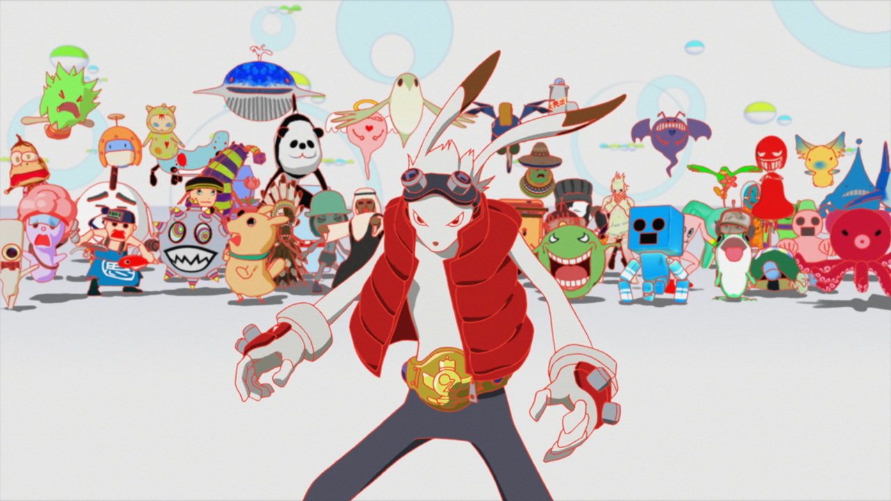 A white rabbit-like character in a red vest stands in front of a colorful group of diverse cartoon creatures and characters.