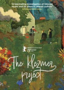 Colorful illustrated movie poster for "The Klezmer Project" featuring a rural scene with two people under a tree, other figures, and text about its accolades.
