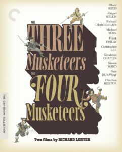 Cover art for "The Three Musketeers" and "The Four Musketeers" by Richard Lester, featuring illustrated musketeers and a list of cast names on a light background.