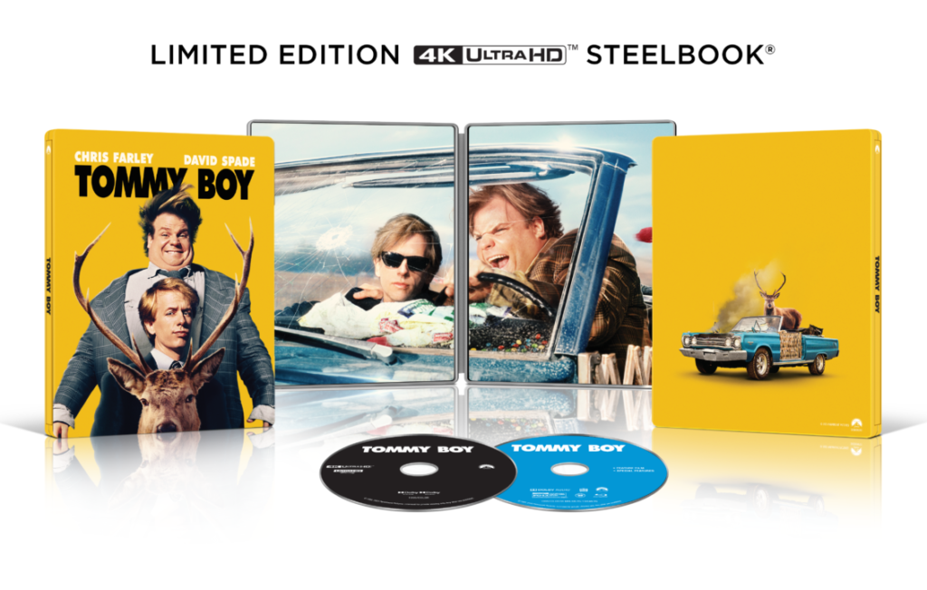 Limited Edition 4K Ultra HD Steelbook of "Tommy Boy" with cover art, two discs, and interior scene images.