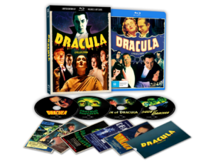 Dracula movie collection box set featuring Blu-ray discs, cover art of classic horror films, and promotional material displayed around the case.
