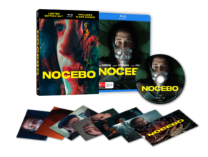 Limited edition Blu-ray set of "Nocebo" with a cover art, disc, and art cards featuring dramatic imagery.