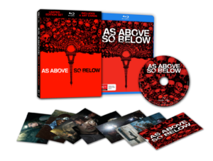Limited edition set of "As Above So Below" includes Blu-ray, DVD, cover art with skulls and Eiffel Tower, and art cards.