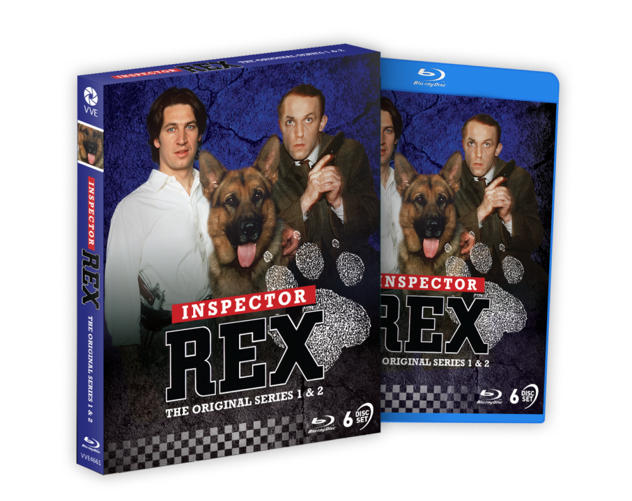 Blu-ray box set of "Inspector Rex: The Original Series 1 & 2" featuring two men, a police dog, and paw prints on the cover.