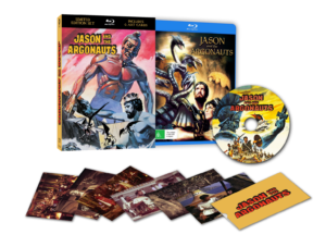 A limited edition "Jason and the Argonauts" Blu-ray set with two cover designs, a disc, art cards, and an envelope.