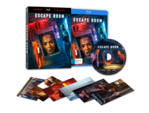 DVD box set of "Escape Room" with a Blu-ray disc, a DVD, and multiple art cards. The cover features a person's face surrounded by puzzle elements.