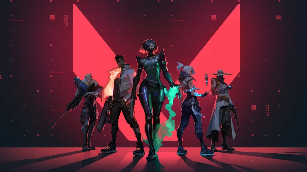Five characters in dynamic poses stand against a large red V-shaped background, each holding various weapons. The scene is stylized with a futuristic and action-oriented theme.