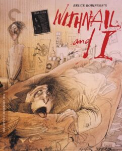 Illustrated cover art for the film "Withnail and I," featuring a chaotic room with a disheveled person lying on a sofa, surrounded by clutter and a wall poster in the background.