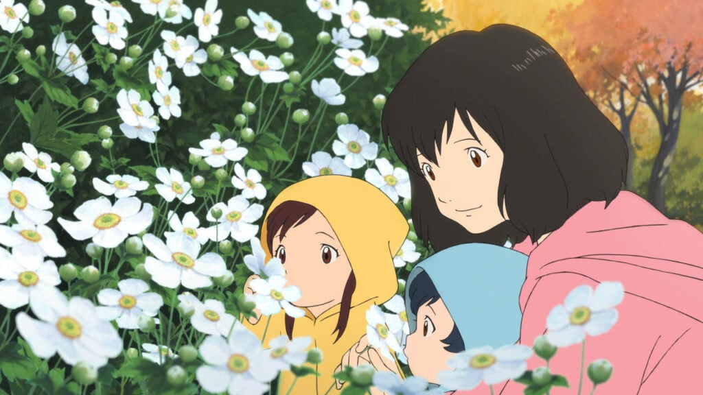 Three animated characters, one woman and two children in hoods, are near a bush of white flowers with green leaves. The background shows trees under a clear sky.