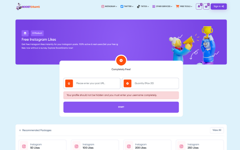 Web page offering free Instagram likes, featuring input fields for post URL and quantity, with text indicating the service is completely free. Recommended packages shown below.