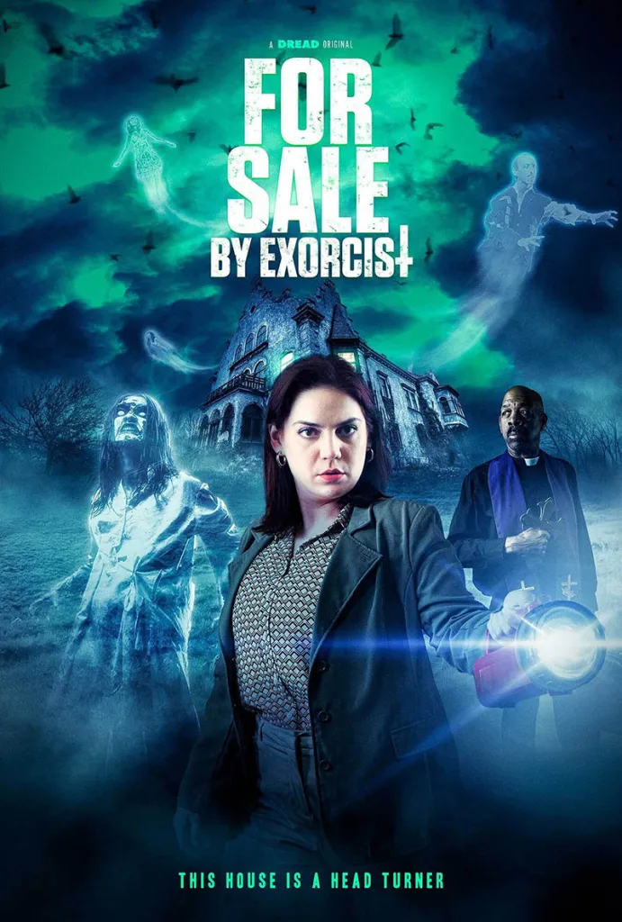 A woman holding a flashlight stands in front of a haunted house at night, surrounded by ghostly figures, with the text "For Sale by Exorcist" above.