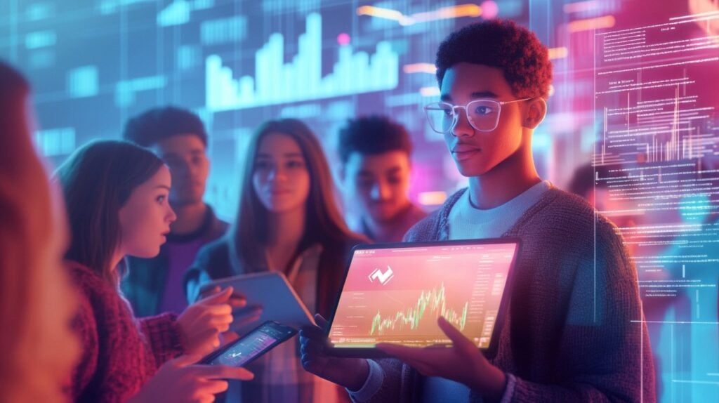 People examining digital charts on tablets in a futuristic, colorful setting with data visualizations on screens.