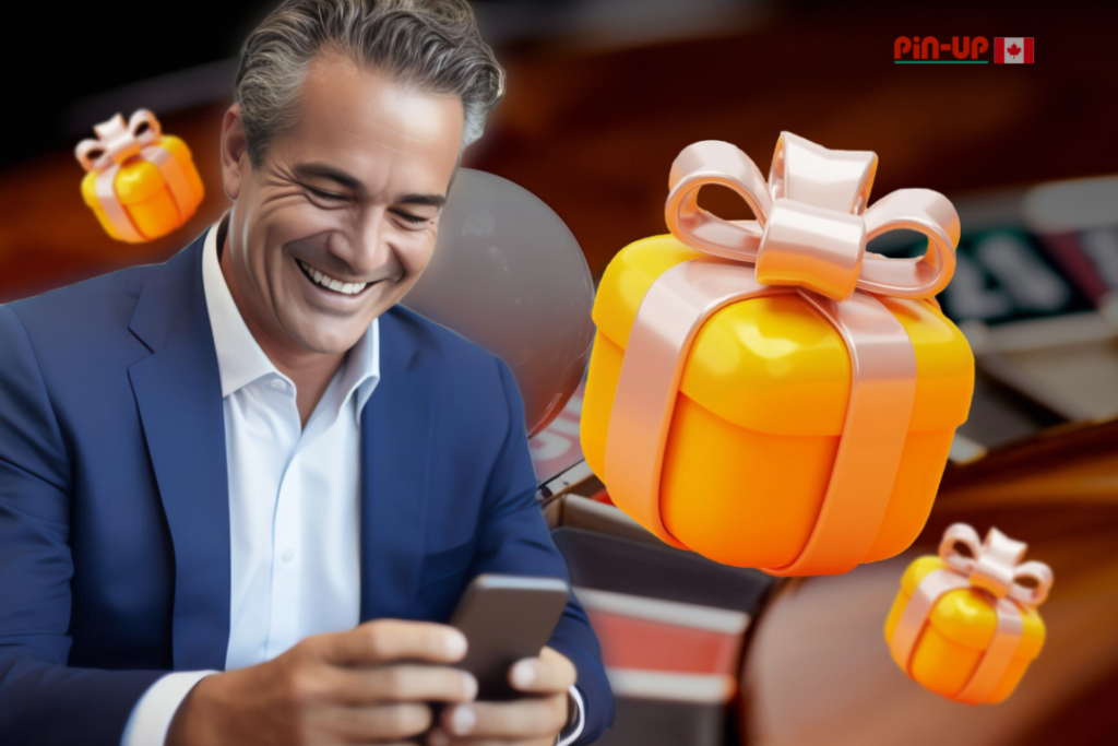 Man in a blue suit smiling while looking at his phone, surrounded by three orange gift boxes with pink bows.