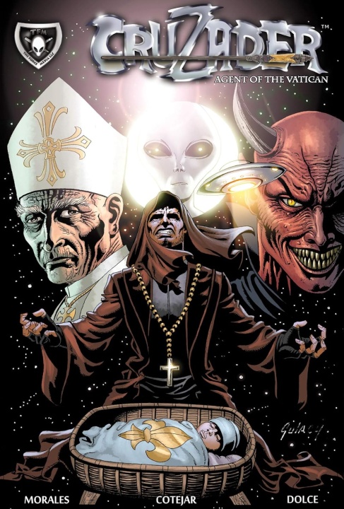 Comic book cover showing a priest with a cross, a baby in a basket, a demon, an alien, and a pope figure. Text reads "Crusader: Agent of the Vatican.
