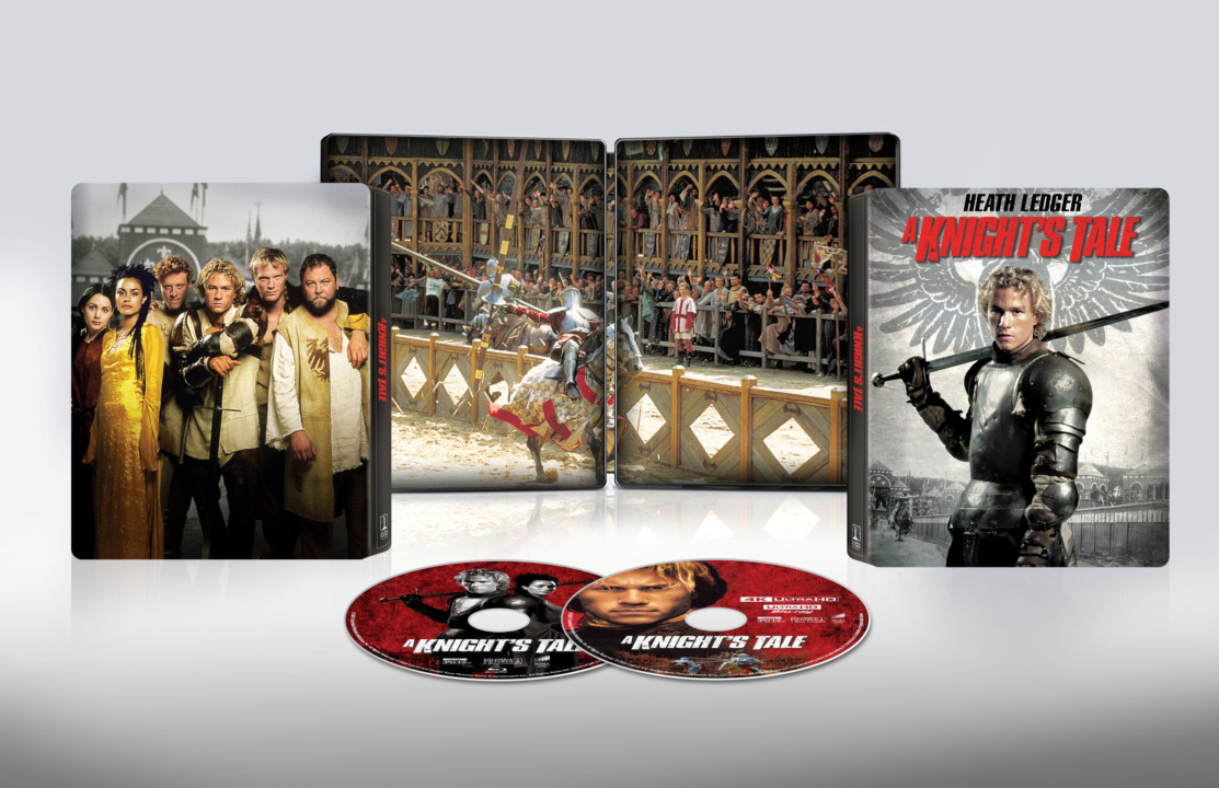 DVD set of "A Knight's Tale" featuring two discs, a cover with a knight in armor, and scenes of jousting and the main cast against medieval backdrops.
