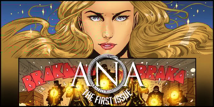 Comic book cover featuring a blonde woman above gunfire scenes with "Ana" and "The First Issue" text overlaid.