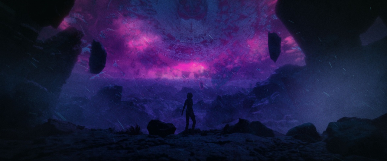 Silhouette of a person standing in a rocky landscape under a swirling purple and pink sky with floating debris.
